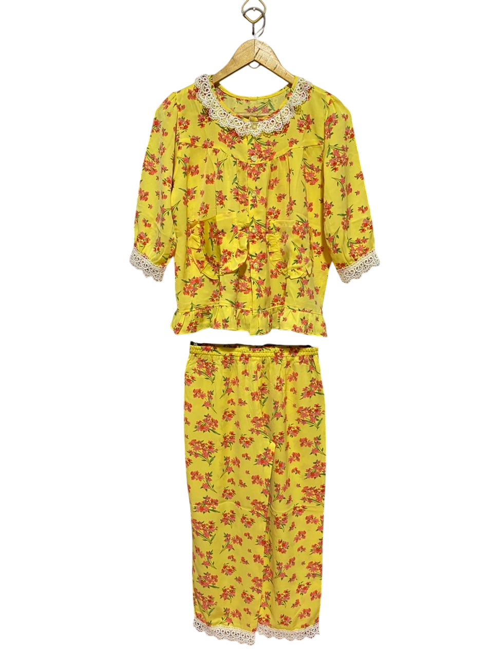 |XS| B31| VINTAGE STYLE WOMEN'S VIBRANT YELLOW FLORAL PYJAMA SET