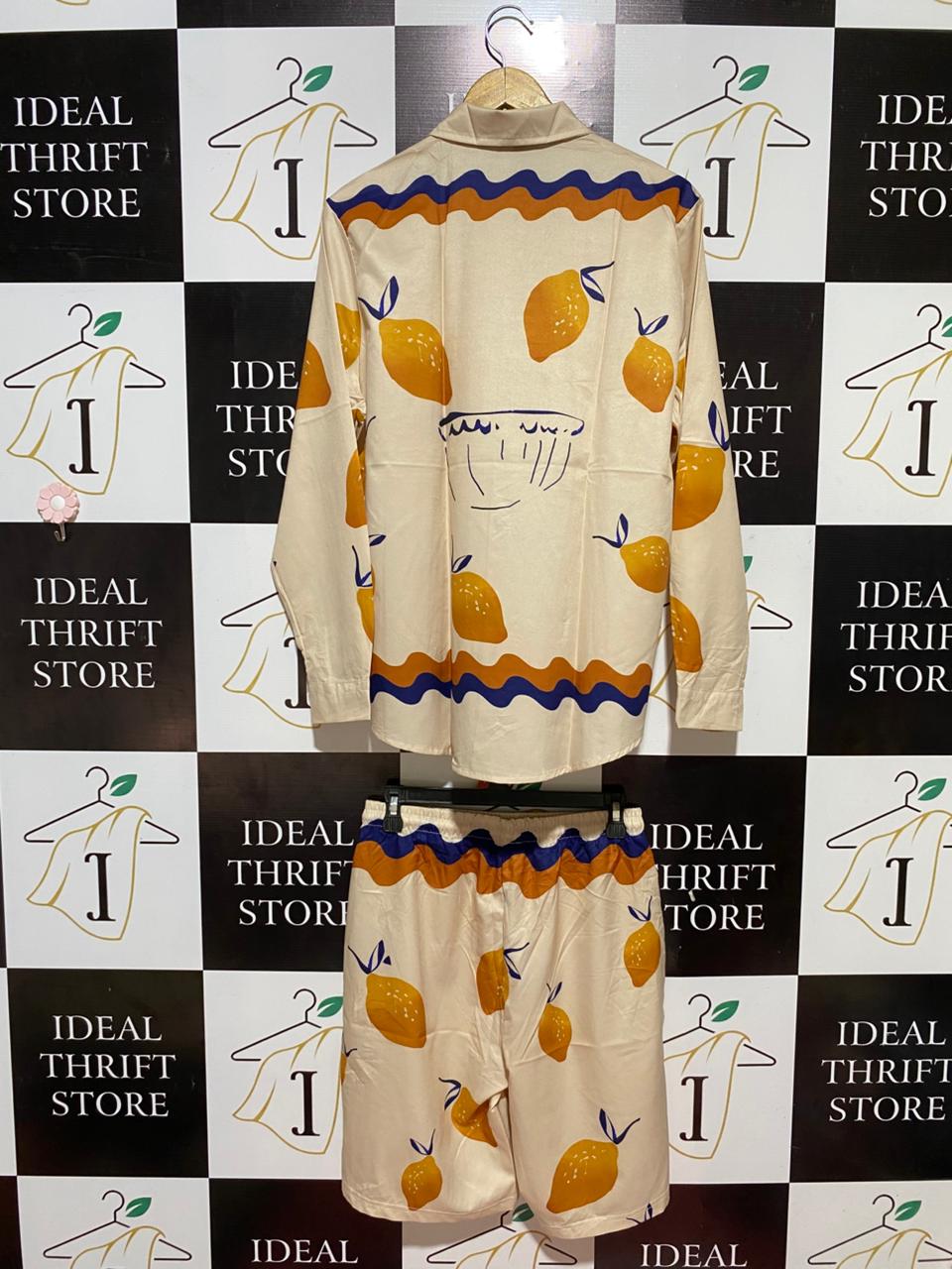 |M| B31| UNISEX ABSTRACT LEMON PRINT BUTTON-DOWN SHIRT AND SHORTS TWO-PIECE SET