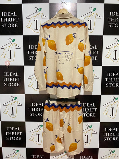 |M| B31| UNISEX ABSTRACT LEMON PRINT BUTTON-DOWN SHIRT AND SHORTS TWO-PIECE SET