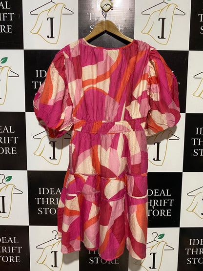 VINE APPAREL |L| BUST 19| B31| PINK ABSTRACT PUFF SLEEVE MINI DRESS