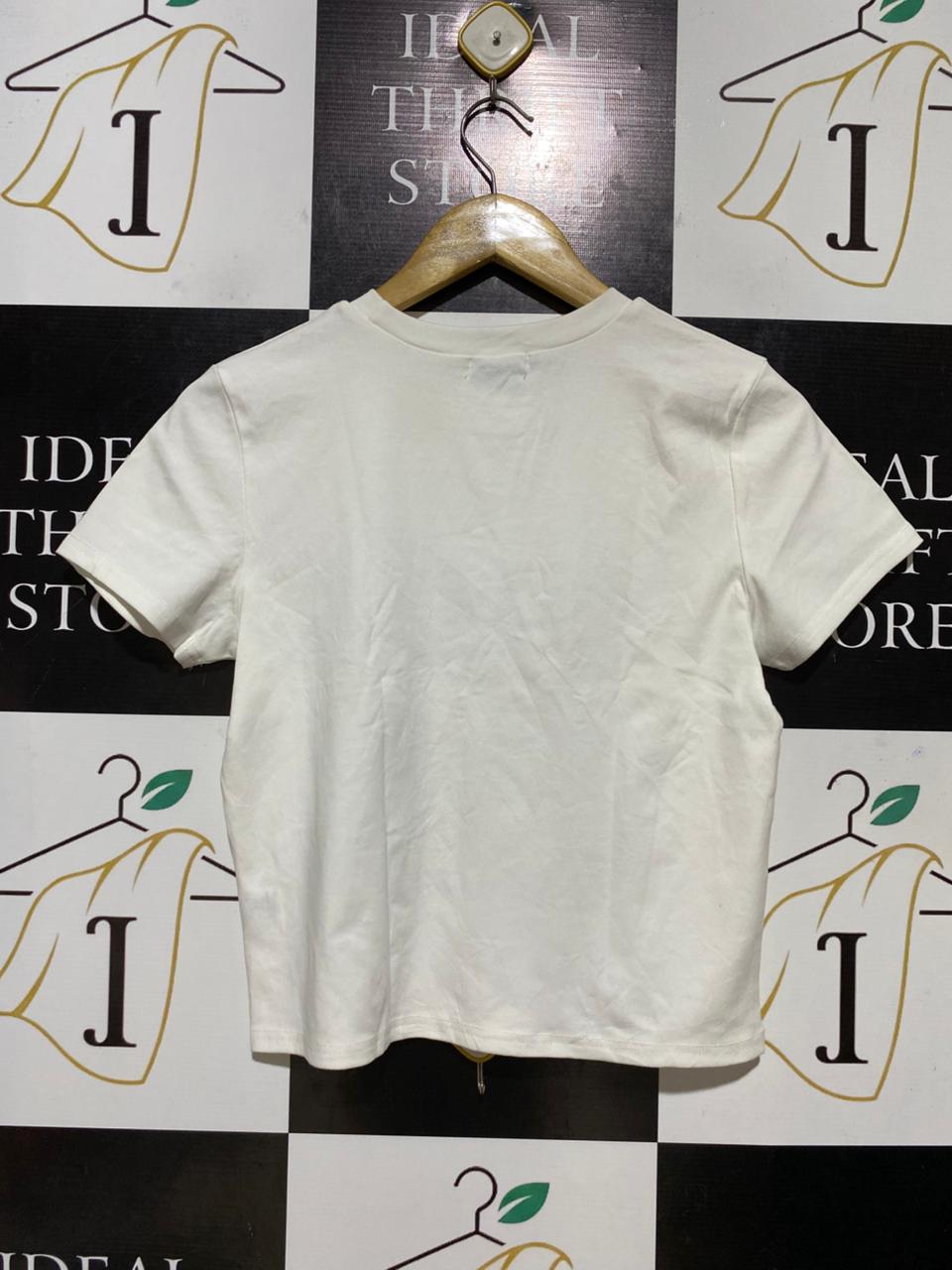VALLEY GIRL |L| BUST 18| B30| WHITE T-SHIRT WITH LACE BRA PRINT