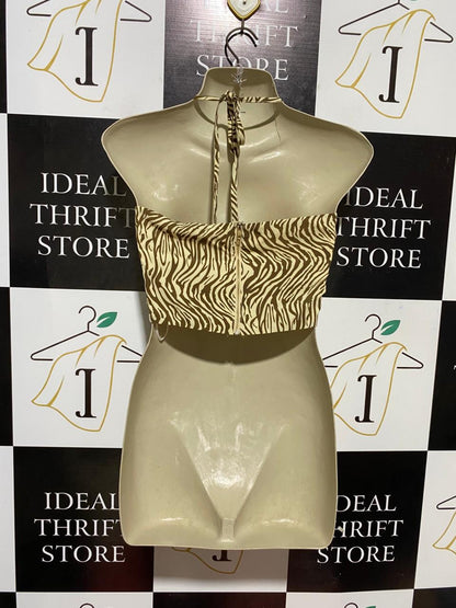 SAMPLE |S| BUST 14| B30| BROWN AND CREAM ZEBRA PRINT HALTER CROP TOP
