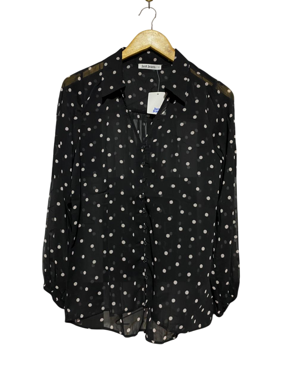 JUST JEANS |L| BUST 20| B31| POLKA DOT SHEER LONG SLEEVE BUTTON-DOWN BLOUSE