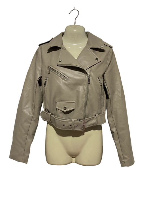 STRADIVARIUS |S|  BUST 18| B32| CHIC CROPPED TAUPE FAUX LEATHER MOTO BIKER JACKET WITH BELT