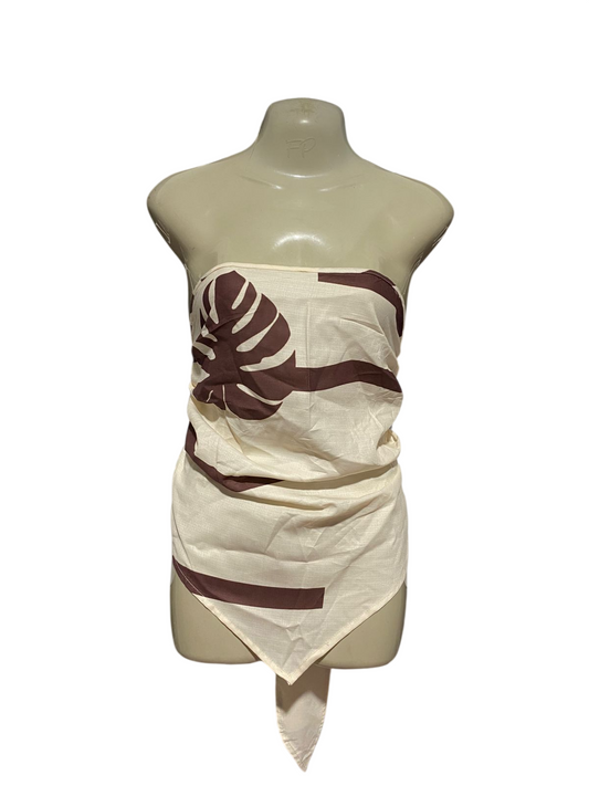 FOREVER |L| BUST 20| B32| CHIC CREAM & BROWN TROPICAL LEAF STRAPLESS SCARF TOP