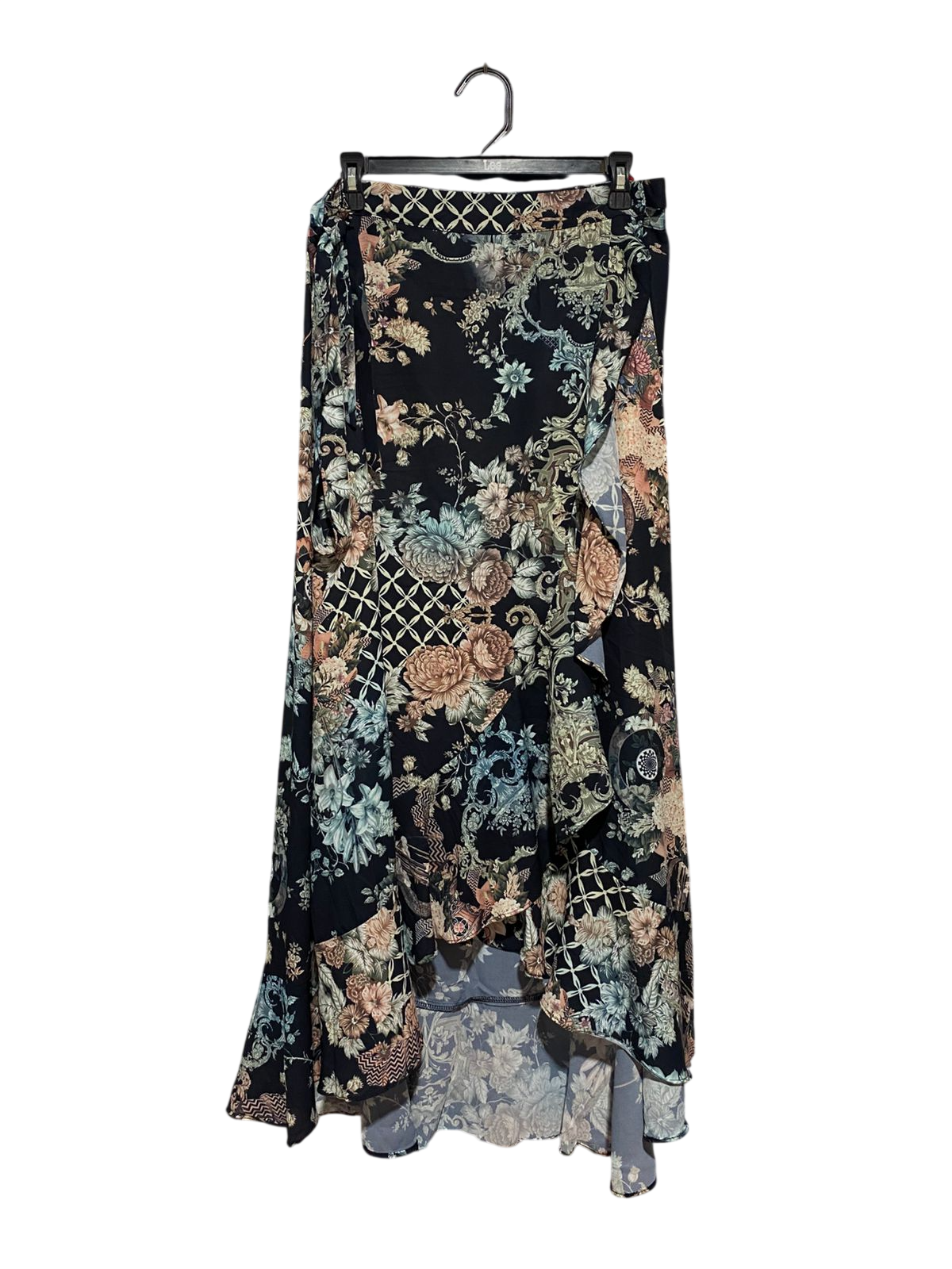 GEMS |L| WAIST 30| B32| ELEGANT VINTAGE FLORAL PRINT RUFFLED HIGH-LOW MAXI SKIRT
