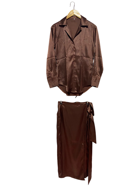 |M| B32| LUXE BROWN SATIN TWO-PIECE CO-ORD SET - BUTTON-DOWN SHIRT & TIE-WAIST SKIRT