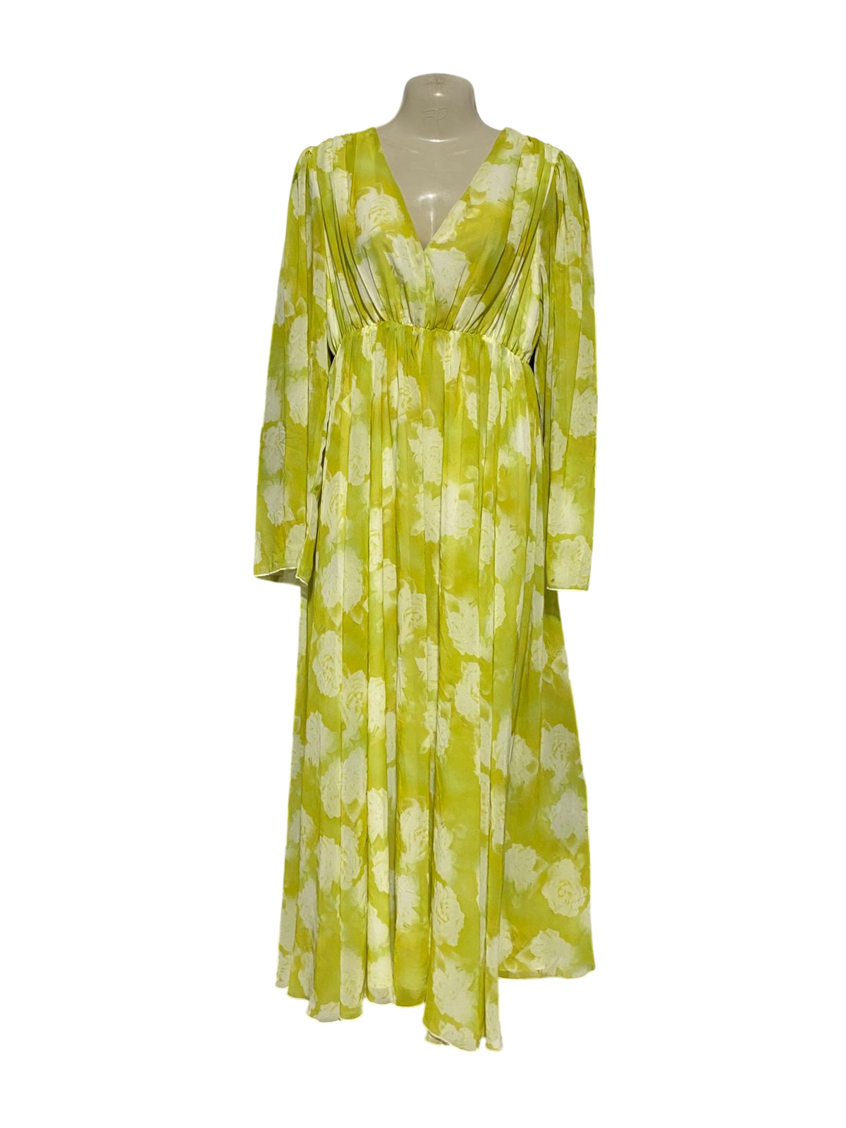 ATMOS & HERE |M| BUST 16| B32| LIME GREEN FLORAL PRINT PLEATED V-NECK MAXI DRESS