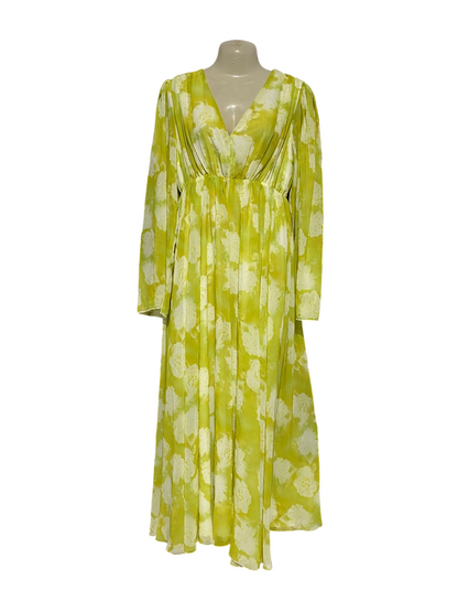 ATMOS & HERE |M| BUST 16| B32| LIME GREEN FLORAL PRINT PLEATED V-NECK MAXI DRESS