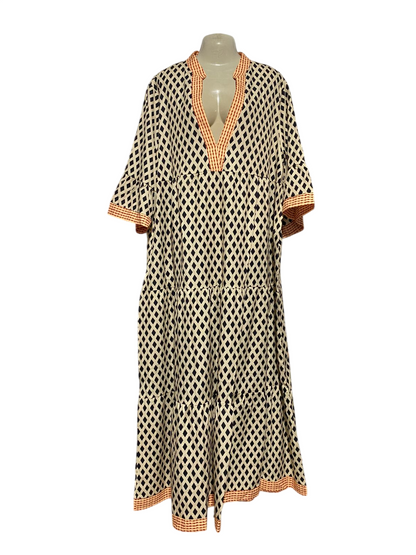 |XL| BUST 25| B32| CHIC GEOMETRIC DIAMOND PRINT TIERED MAXI DRESS WITH CONTRAST BORDER