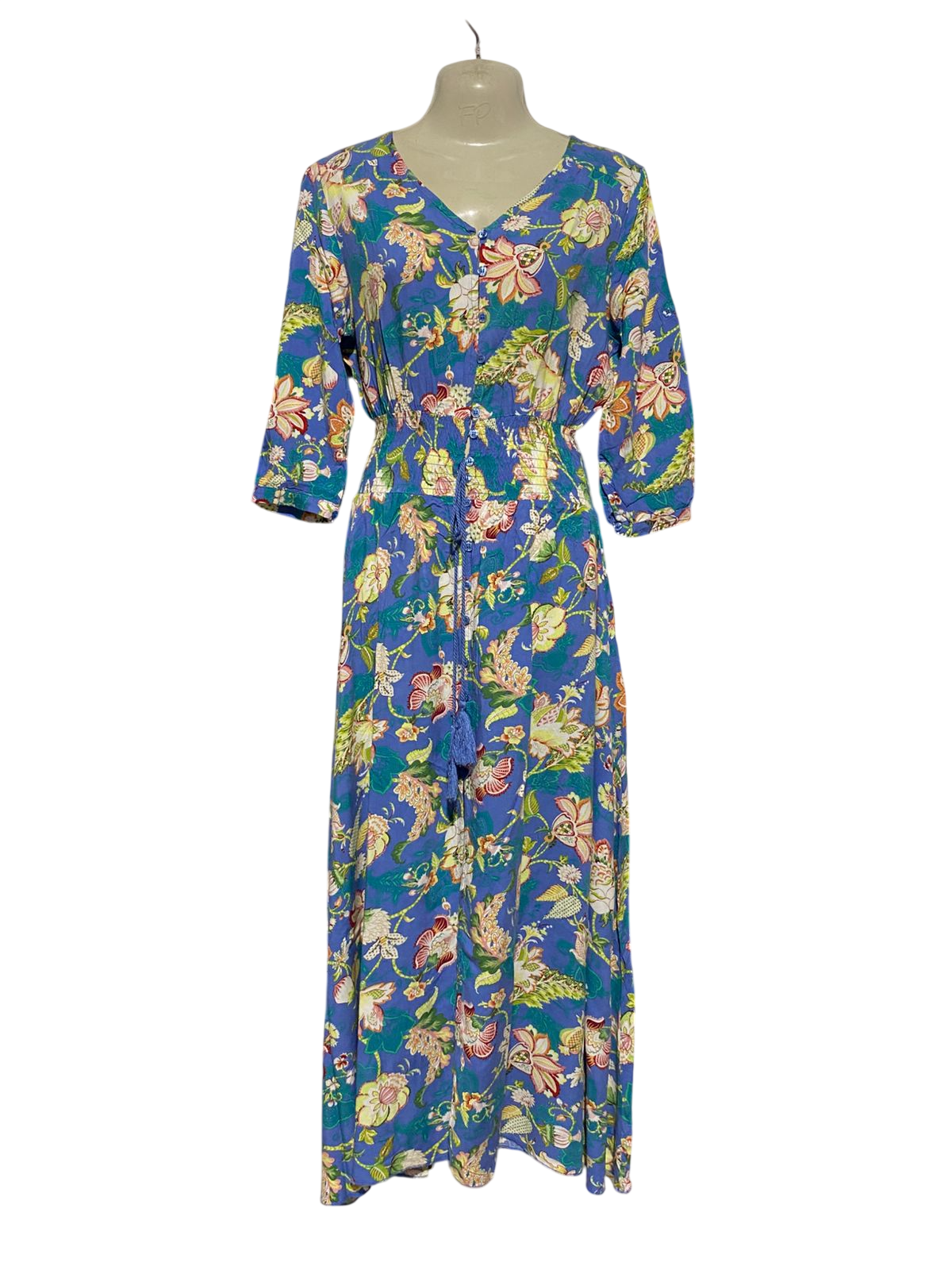 SUNDAY MI AMOR |S| BUST 17| B32| VIBRANT BOHO FLORAL PRINT V-NECK MAXI DRESS WITH SMOCKED WAIST