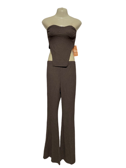 SHEIN |XS| B32| CHIC BROWN TWO-PIECE RIBBED CO-ORD SET - STRAUBLESS TOP & FLARED PANTS