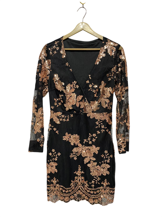 |S| BUST 16| B32| JET BLACK & ROSE GOLD SEQUIN FLORAL EMBROIDERED COCKTAIL MINI DRESS