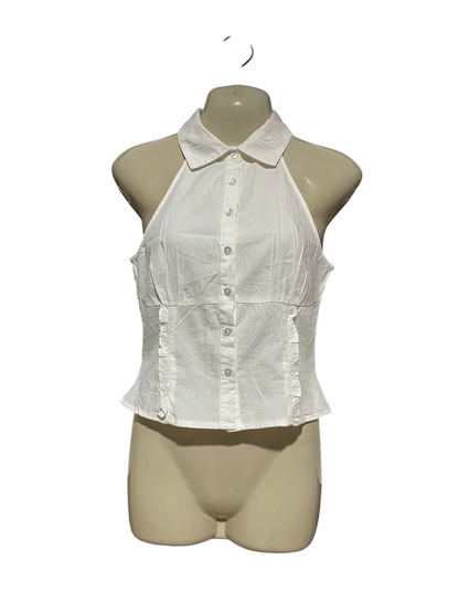 COTTON ON |S| BUST 15| B32| WHITE HALTER-NECK BUTTON-DOWN TOP WITH RUFFLED PANEL
