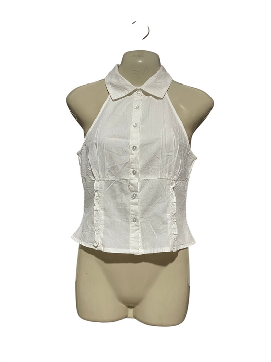 COTTON ON |S| BUST 15| B32| WHITE HALTER-NECK BUTTON-DOWN TOP WITH RUFFLED PANEL