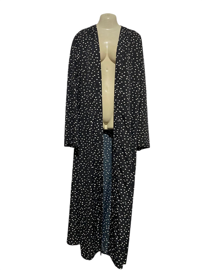 BOOHOO |XL| BUST FREE| B32| JET BLACK & WHITE POLKA DOT LONGUELINE OPEN-FRONT CARDIGAN KIMONO DUSTER