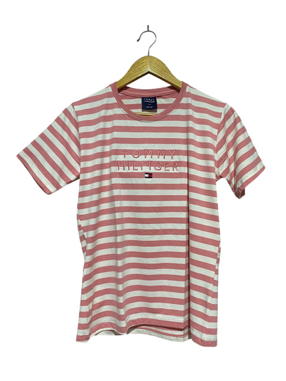 TOMMY HILFIGER |L| BUST 19| B32| DUSTY PINK & WHITE STRIPED EMBROIDERED LOGO TEE
