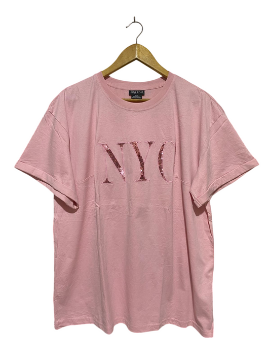 CITY CHIC |XS| BUST 23| B32| DUSTY PINK OVERSIZED TEE WITH EMBELLISHED SEQUIN NYC GRAPHIC