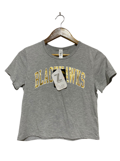 ZOOZATZ |S| BUST 17| B32| GREY CROP TEE WITH GOLD FOIL BLACKHAWKS GRAPHIC