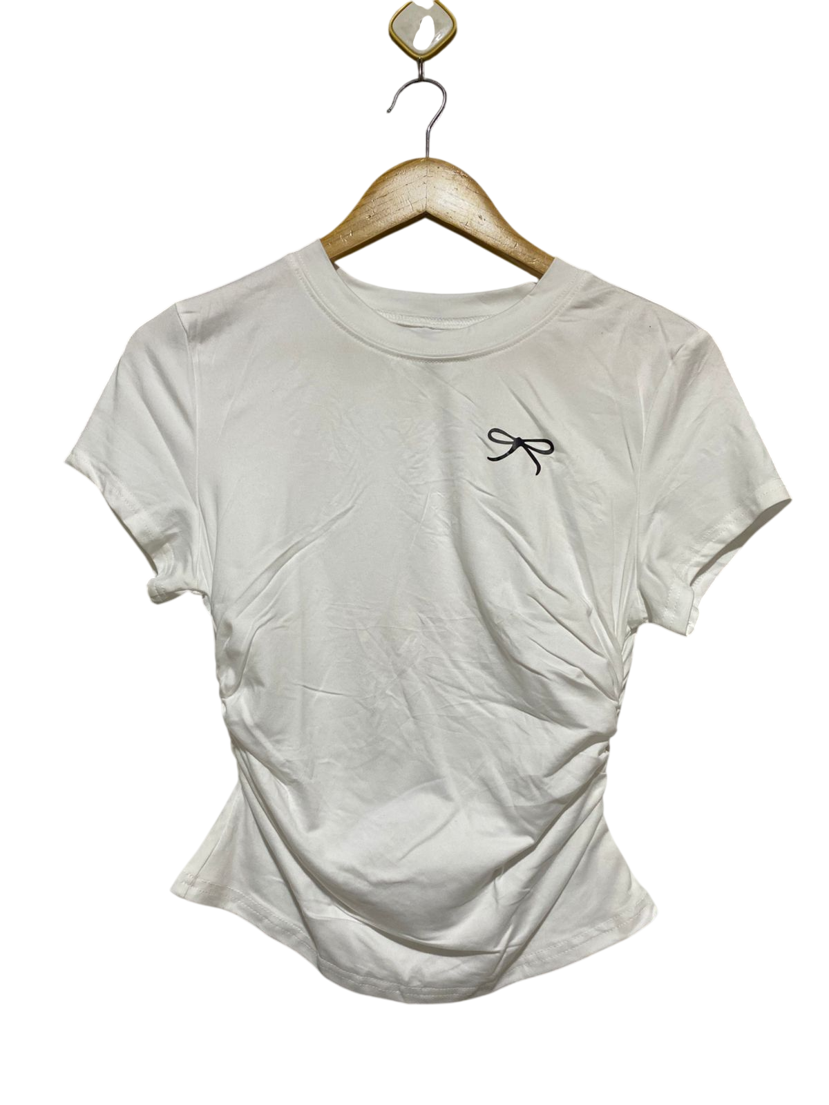 |M| BUST 16| B32| WHITE RUFFLED SIDE CASUAL TEE WITH EMBROIDERED BOW MINIMALIST GRAPHIC