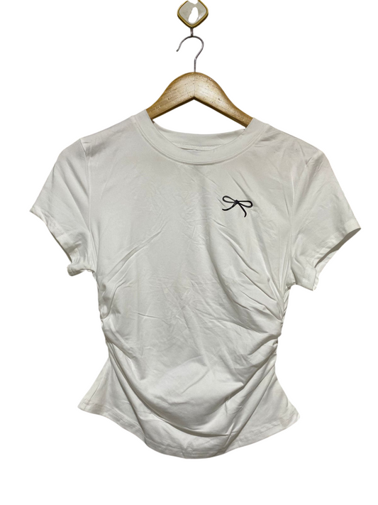 |M| BUST 16| B32| WHITE RUFFLED SIDE CASUAL TEE WITH EMBROIDERED BOW MINIMALIST GRAPHIC