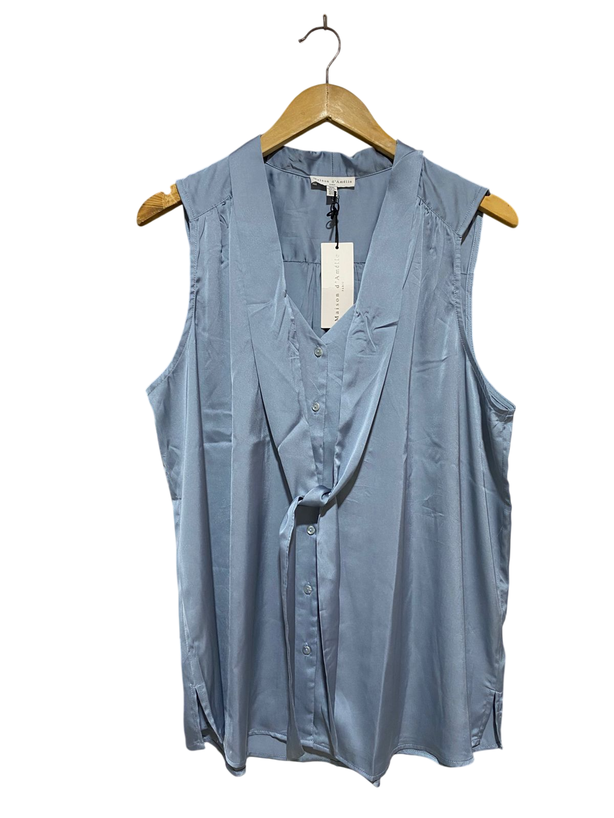 MAISON D AMELIE |XL| BUST 22| B32| DUSTY BLUE SATIN SLEEVELESS TIE-FRONT BLOUSE