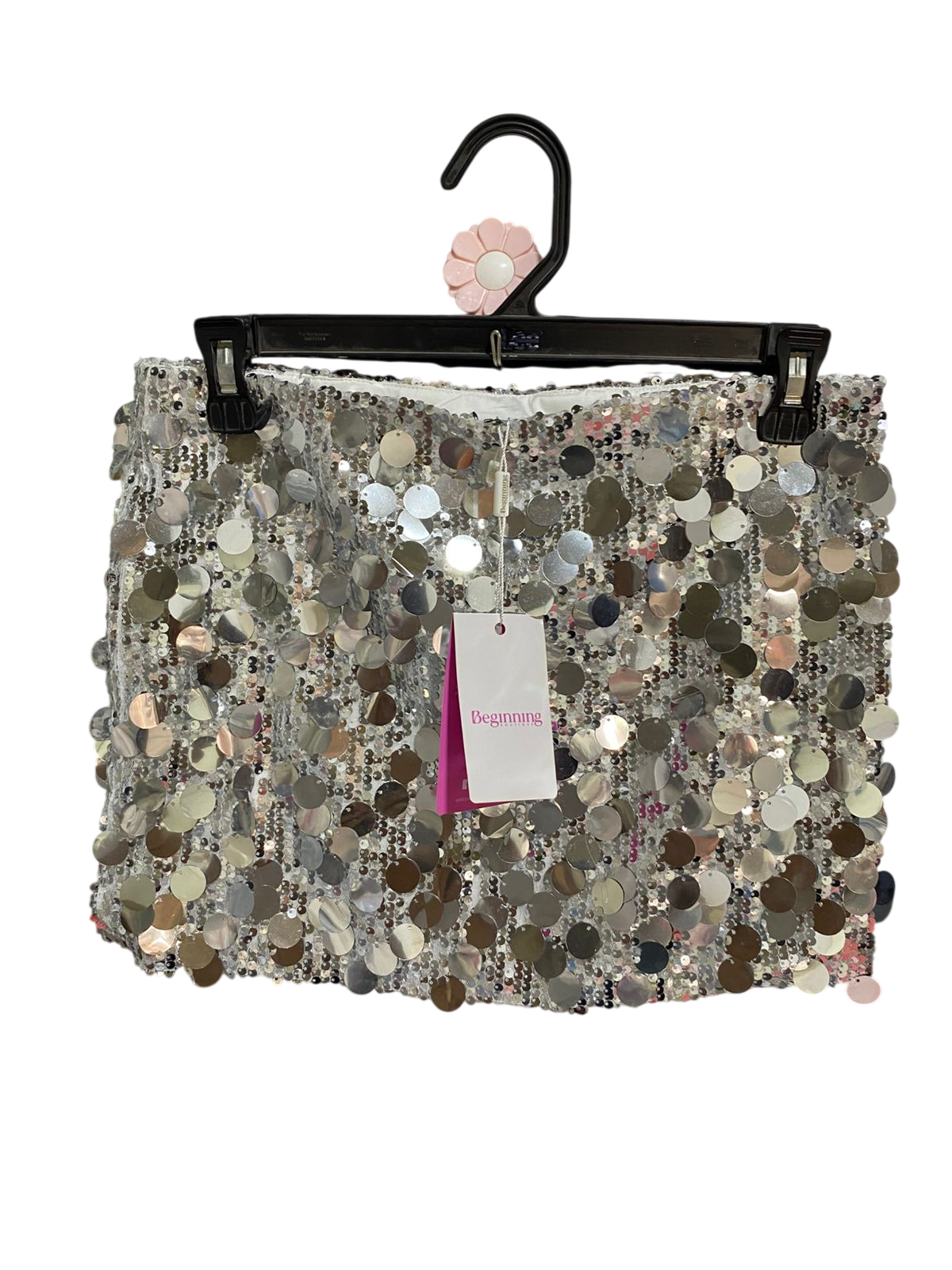 BEGINNING |L| WAIST 29| B32| SILVER LARGE SEQUIN MINI SKIRT