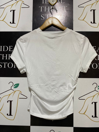 |M| BUST 16| B32| WHITE RUFFLED SIDE CASUAL TEE WITH EMBROIDERED BOW MINIMALIST GRAPHIC