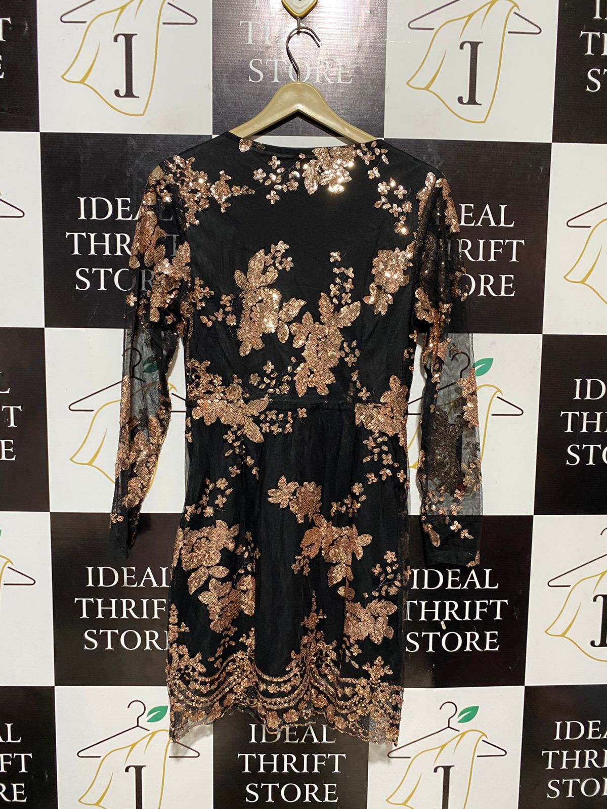 |S| BUST 16| B32| JET BLACK & ROSE GOLD SEQUIN FLORAL EMBROIDERED COCKTAIL MINI DRESS