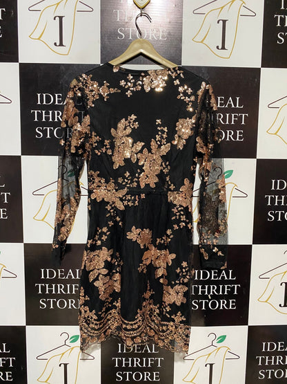 |S| BUST 16| B32| JET BLACK & ROSE GOLD SEQUIN FLORAL EMBROIDERED COCKTAIL MINI DRESS