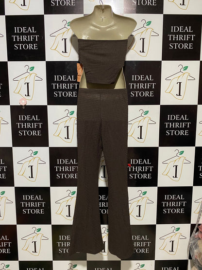 SHEIN |XS| B32| CHIC BROWN TWO-PIECE RIBBED CO-ORD SET - STRAUBLESS TOP & FLARED PANTS