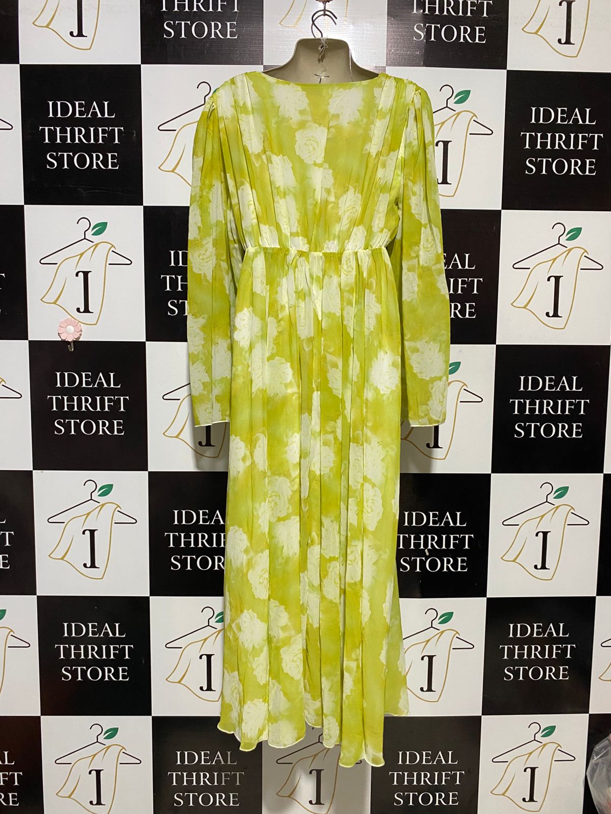 ATMOS & HERE |M| BUST 16| B32| LIME GREEN FLORAL PRINT PLEATED V-NECK MAXI DRESS