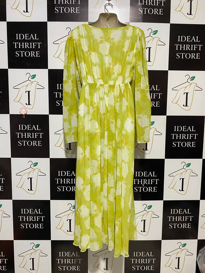 ATMOS & HERE |M| BUST 16| B32| LIME GREEN FLORAL PRINT PLEATED V-NECK MAXI DRESS