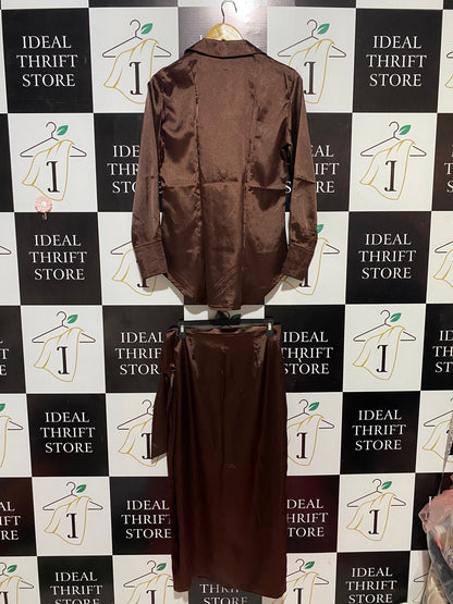 |M| B32| LUXE BROWN SATIN TWO-PIECE CO-ORD SET - BUTTON-DOWN SHIRT & TIE-WAIST SKIRT