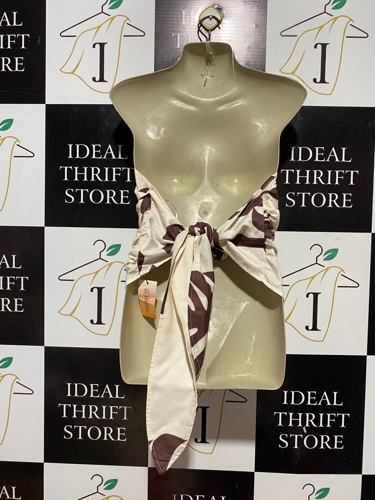 FOREVER |L| BUST 20| B32| CHIC CREAM & BROWN TROPICAL LEAF STRAPLESS SCARF TOP