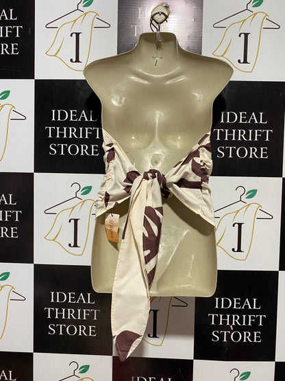 FOREVER |L| BUST 20| B32| CHIC CREAM & BROWN TROPICAL LEAF STRAPLESS SCARF TOP