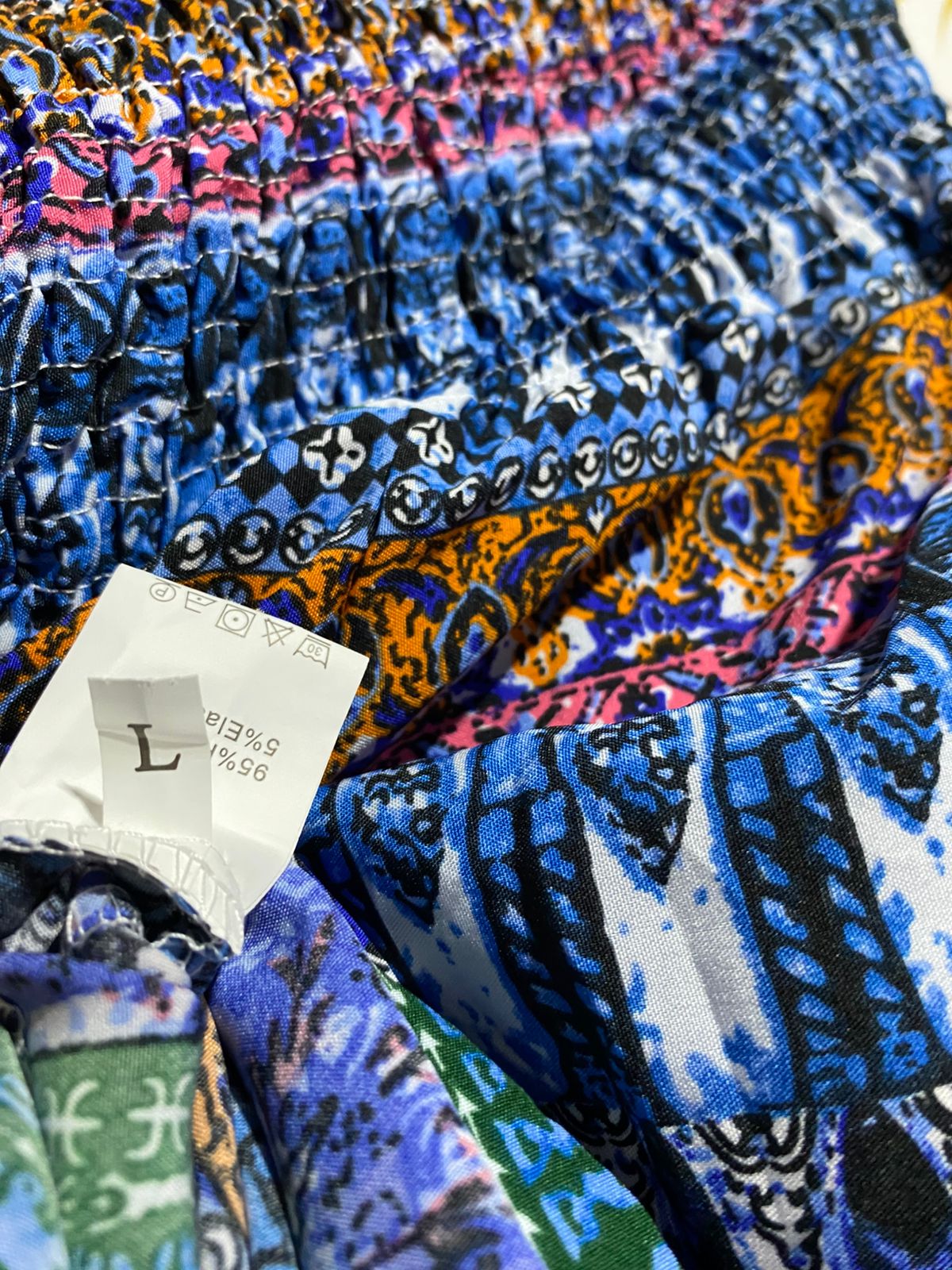 |L| WAIST 27| B32| VIBRANT BOHO GEOMETRIC PRINT WIDE-LEG PANTS WITH SMOCKED WAIST