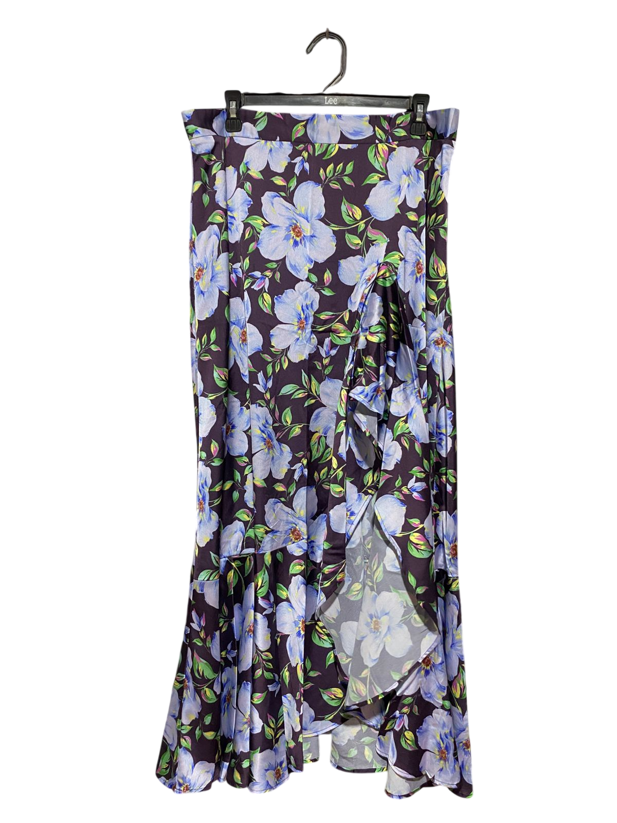 SHEIKE |XL| WAIST 34| B32| CHIC BOHO BLUE FLORAL SATIN ASYMMETRICAL RUFFLED MAXI SKIRT