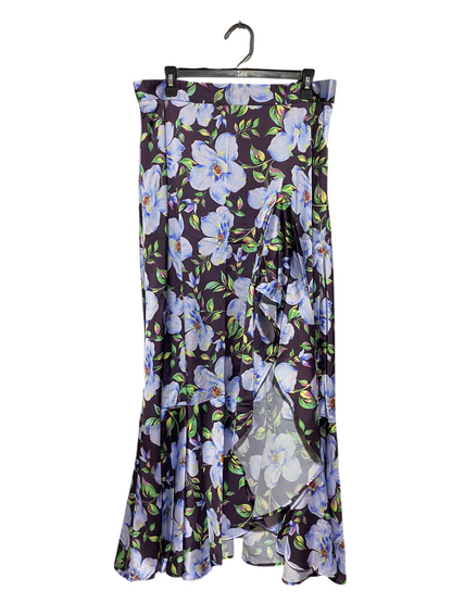 SHEIKE |XL| WAIST 34| B32| CHIC BOHO BLUE FLORAL SATIN ASYMMETRICAL RUFFLED MAXI SKIRT