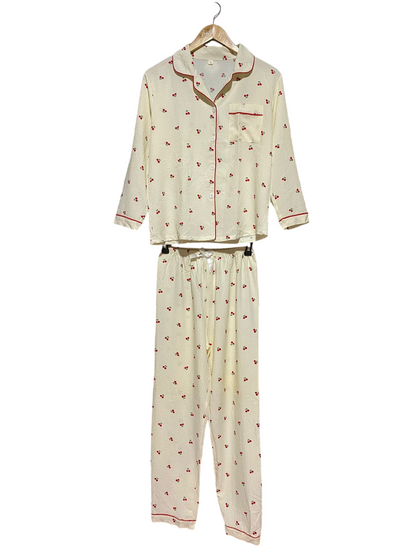 |S| B32| CUTE CHERRY PRINT SEERSUCKER NIGHTWEAR PAJAMA SET
