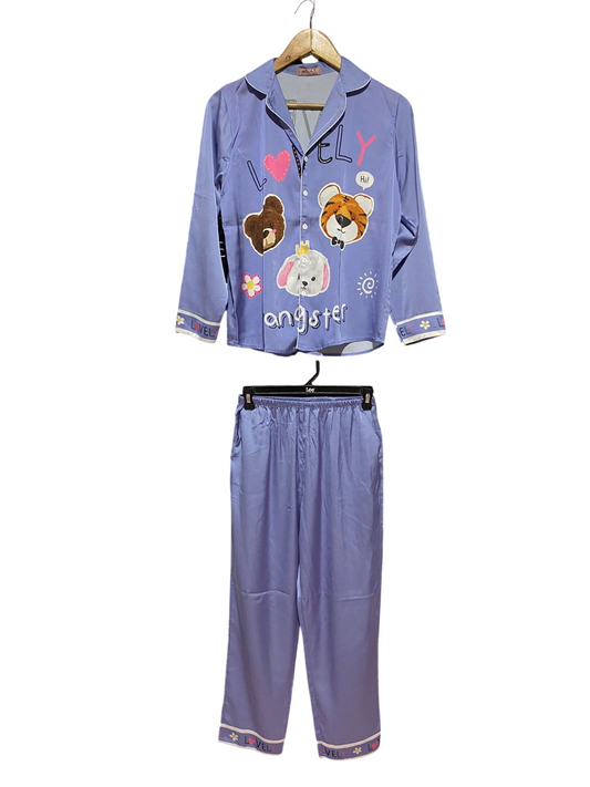 BOOBOO |M| B32| CUTE PURPLE SATIN CARTOON GRAPHIC NIGHTWEAR PAJAMA SET