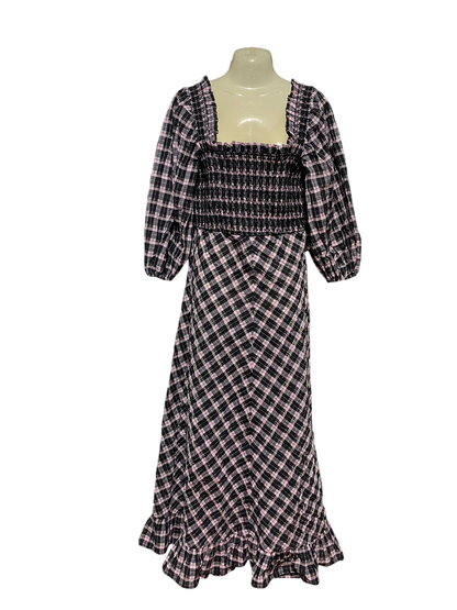 GANNI |M| BUST 15| B32| CHIC PINK AND BLACK PLAID SMOCKED LONG MAXI DRESS