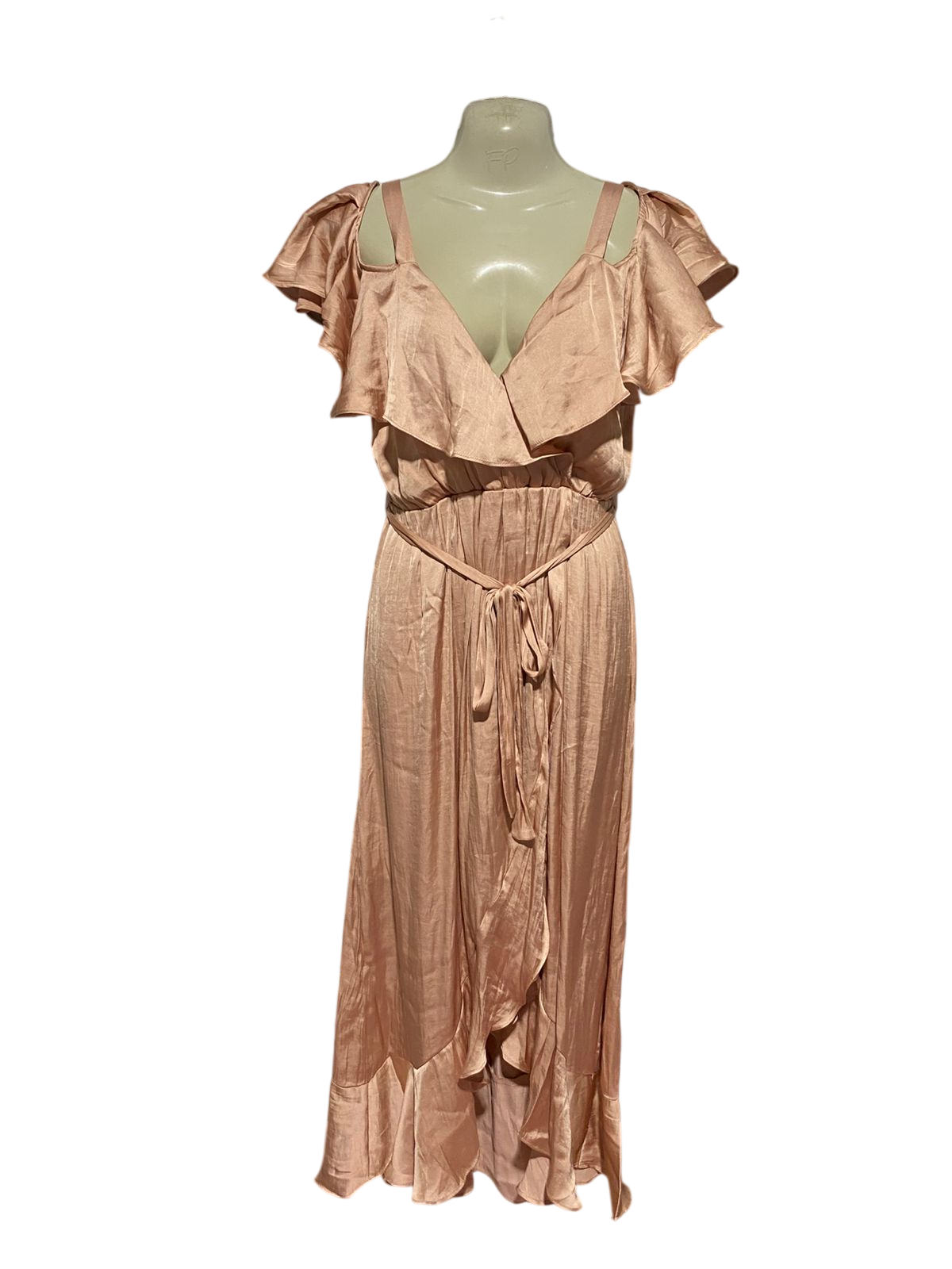 BARDOT |M| BUST 17| B32| ELEGANT ROSE GOLD SATIN RUFFLED COLD-SHOULDER MAXI DRESS