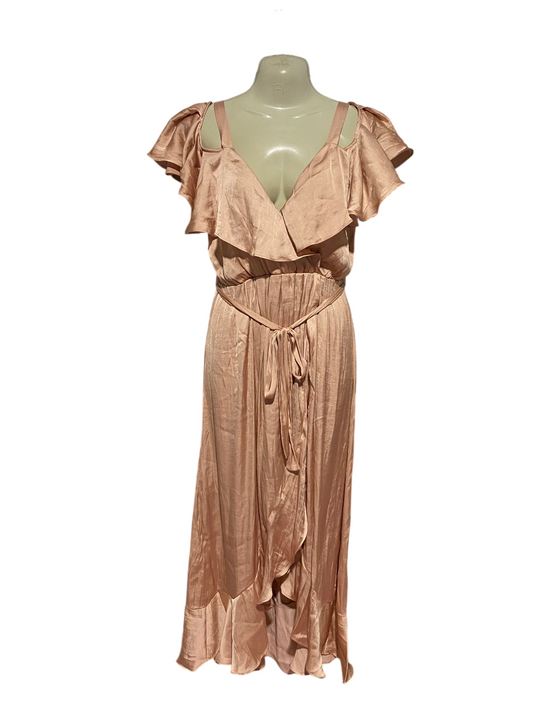 BARDOT |M| BUST 17| B32| ELEGANT ROSE GOLD SATIN RUFFLED COLD-SHOULDER MAXI DRESS