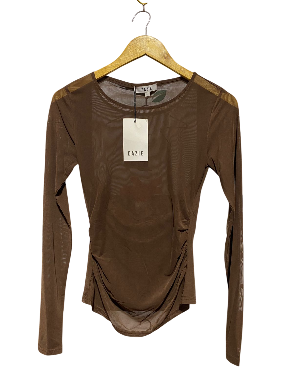 DAZIE |M| BUST 15| B32| CHOCOLATE BROWN SHEER MESH RUCHED LONG SLEEVE TOP
