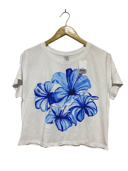 DENIM |L| BUST 19| B32| WHITE BLUE HIBISCUS FLORAL GRAPHIC T-SHIRT