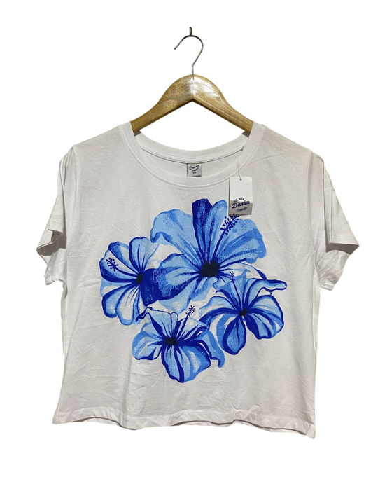 DENIM |L| BUST 19| B32| WHITE BLUE HIBISCUS FLORAL GRAPHIC T-SHIRT