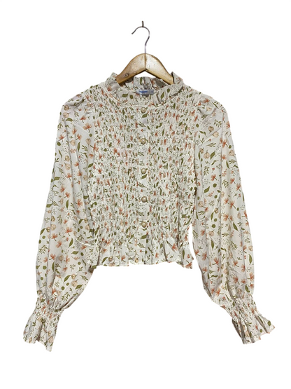 VALLY GIRL |S| BUST 15| B32| VIVIGIRL VINTAGE FLORAL SMOCKED BUTTON-DOWN BLOUSE