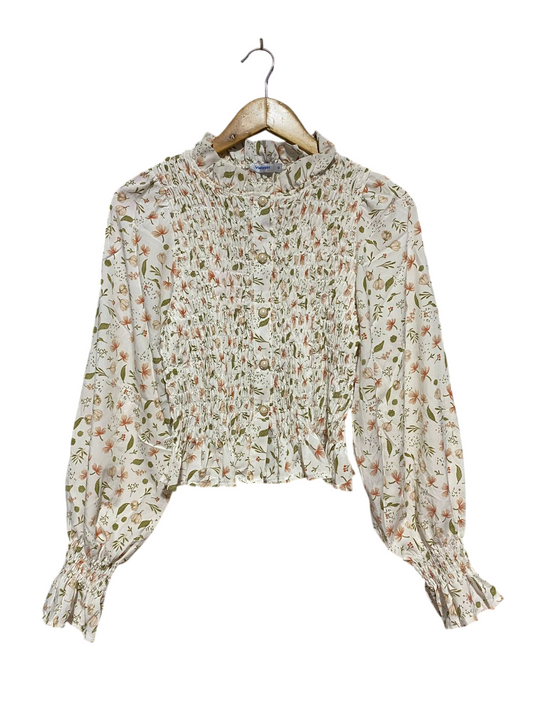 VALLY GIRL |S| BUST 15| B32| VIVIGIRL VINTAGE FLORAL SMOCKED BUTTON-DOWN BLOUSE
