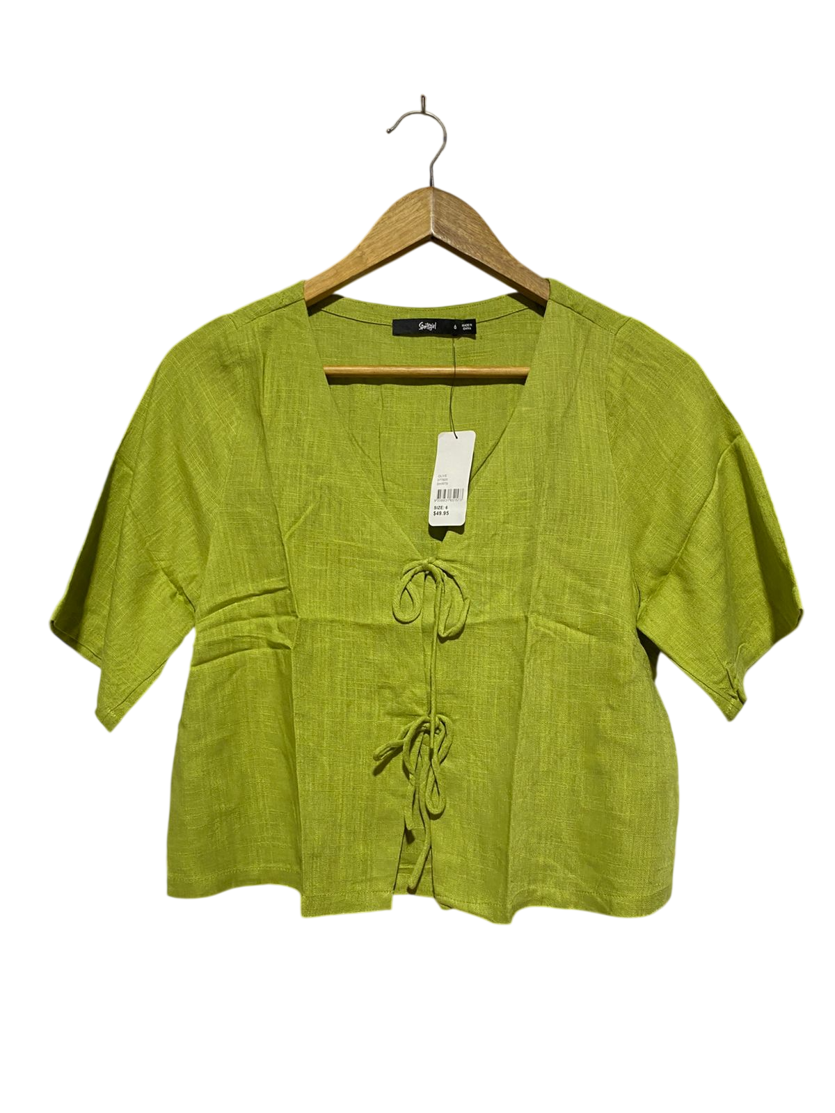 SPORTS GIRL |S| BUST 18| B32| LIME GREEN LINEN BLEND FRONT TIE BLOUSE
